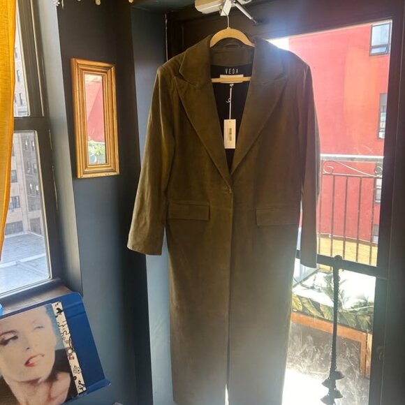 Reformation x Veda Green Suede Duster Coat - NWT - Sold Out Style! - Picture 4 of 5